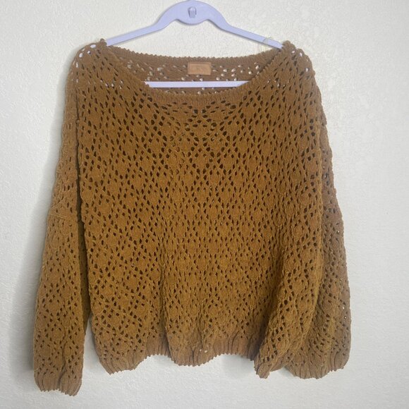POL Chunky Crochet Pullover Sweater Womens S Mustard‎ Brown Open Knit Oversized - Picture 3 of 8
